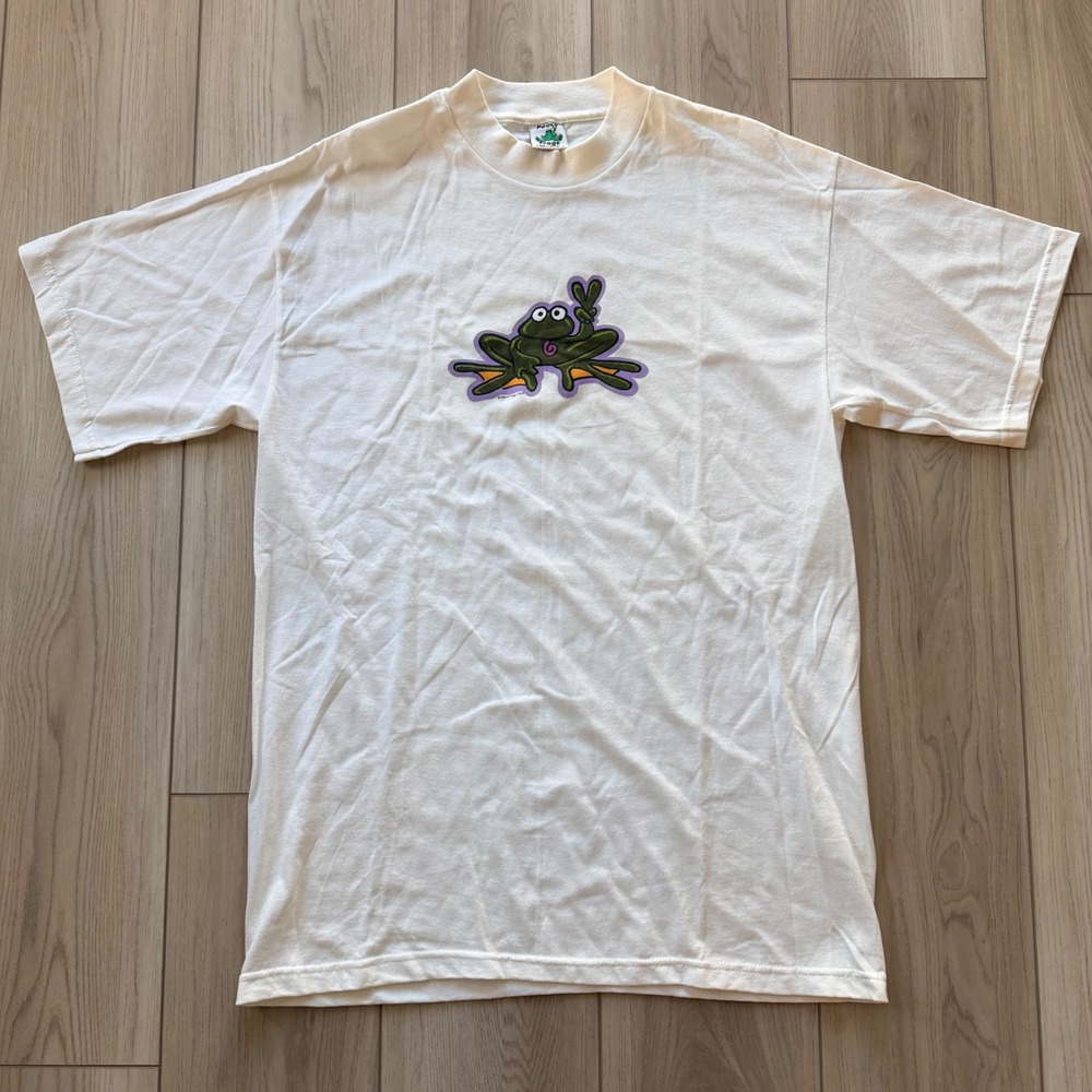 1995 Vintage Peace Frogs T Shirt Mens L White Graphic Peace Sign Made in USA